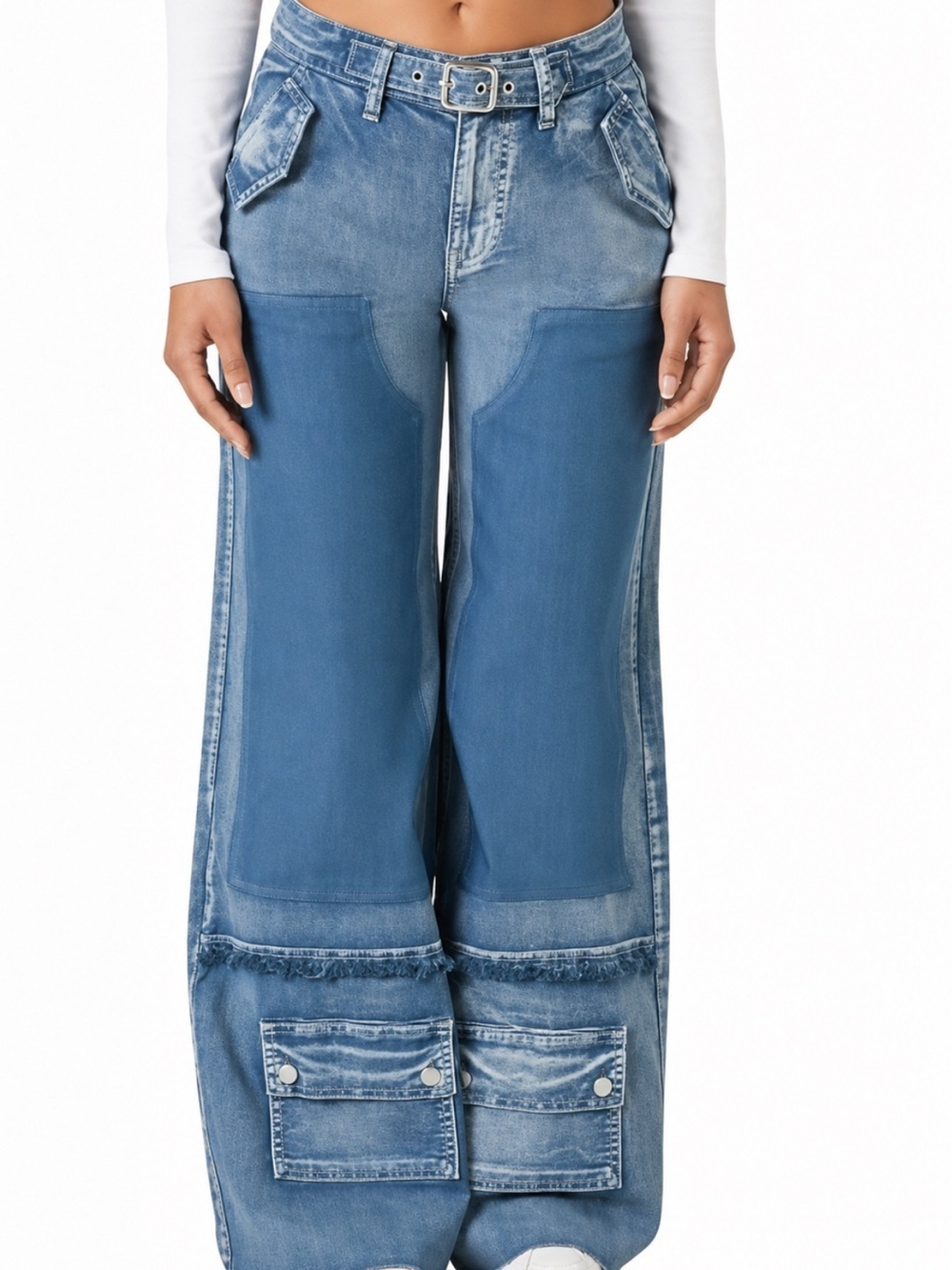Forever 21 Two-Tone Blue Wide Leg Patchwork Jeans Size-X-Large Cyber Utility